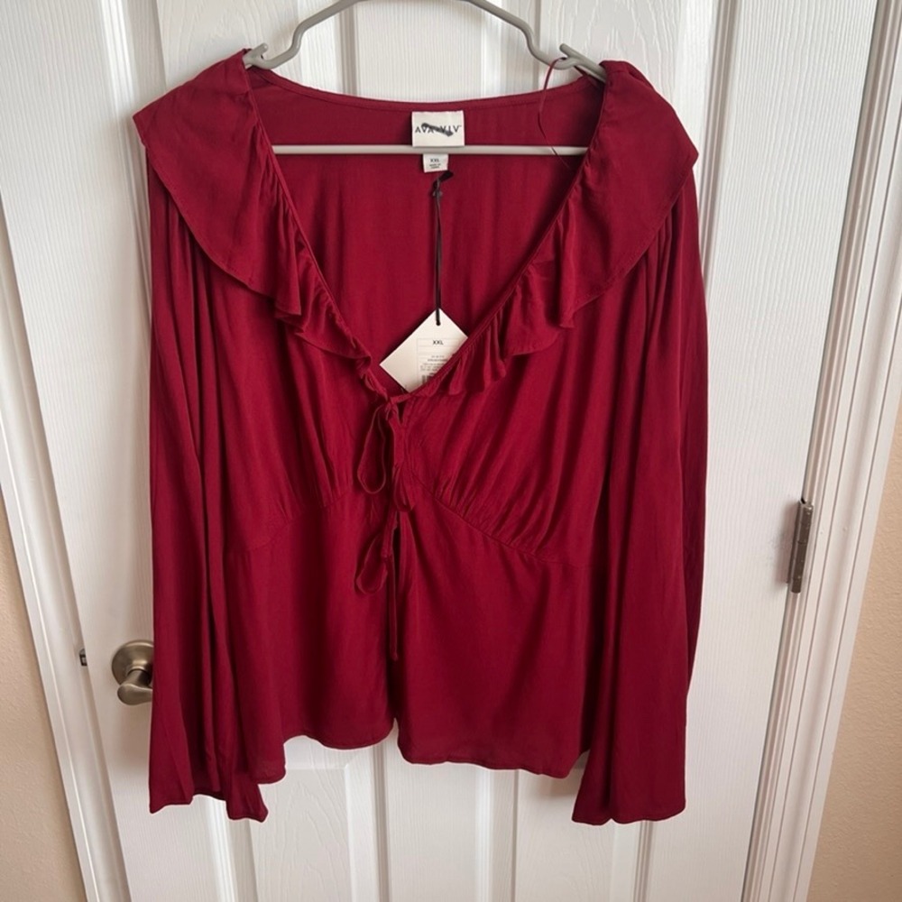 NEW Ava & Viv XXL Red Ruffle‎ Tie Front Long Sleeve Blouse Top Womens
